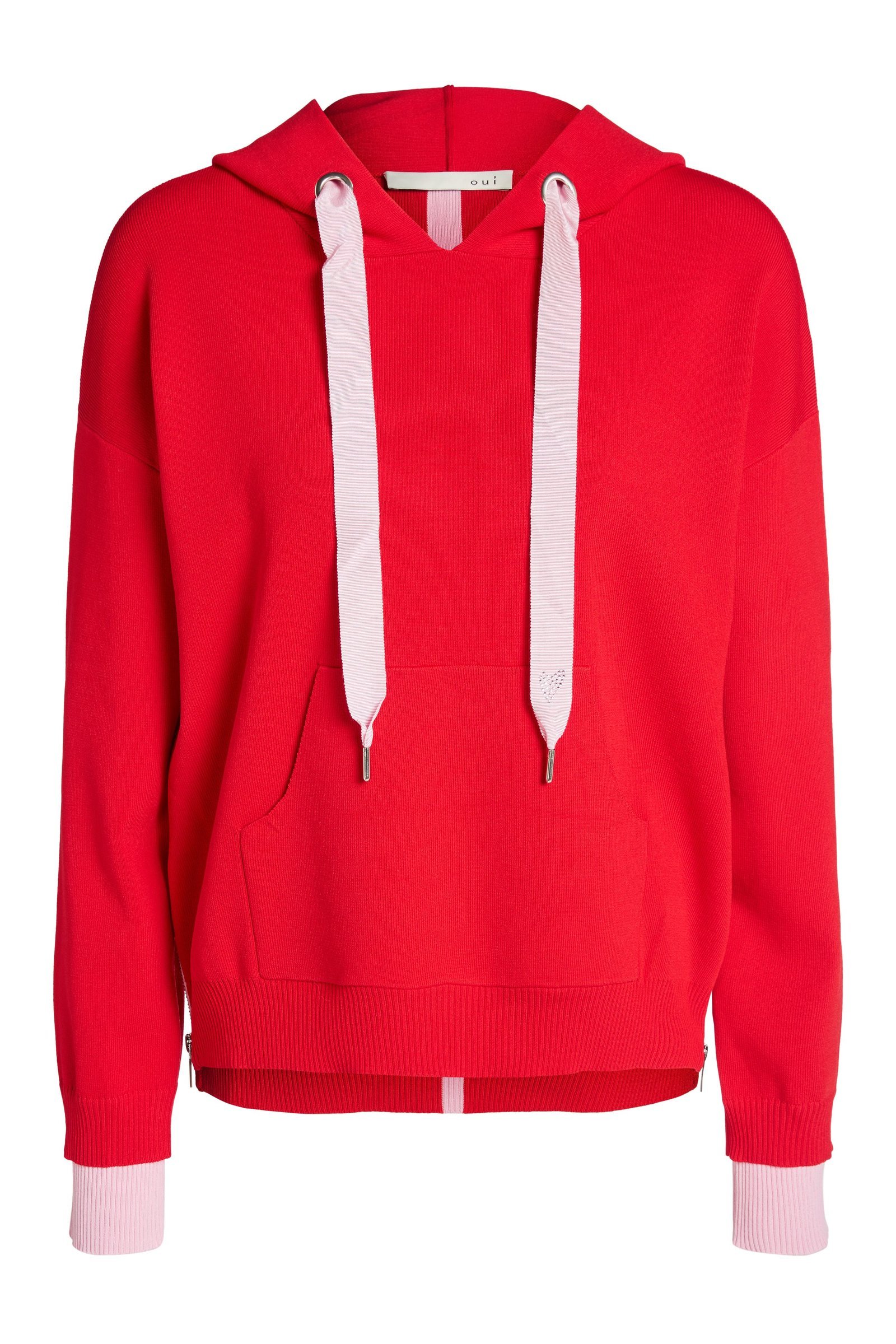 Red Knit Hooded Sweater with Pink Stripe and Ties