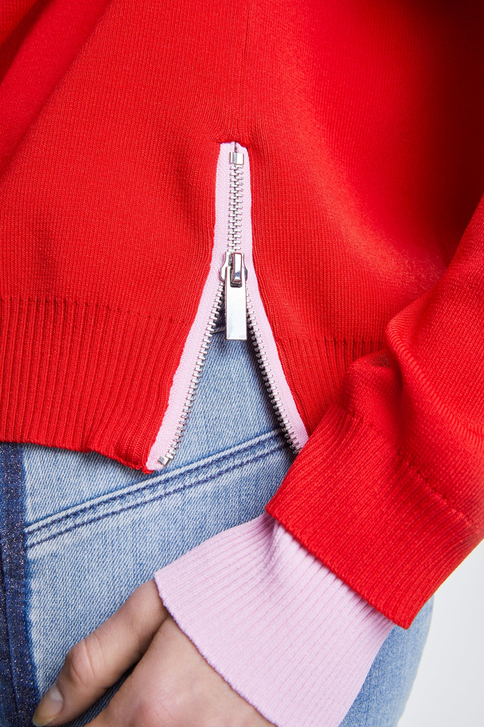 Red Knit Hooded Sweater with Pink Stripe and Ties