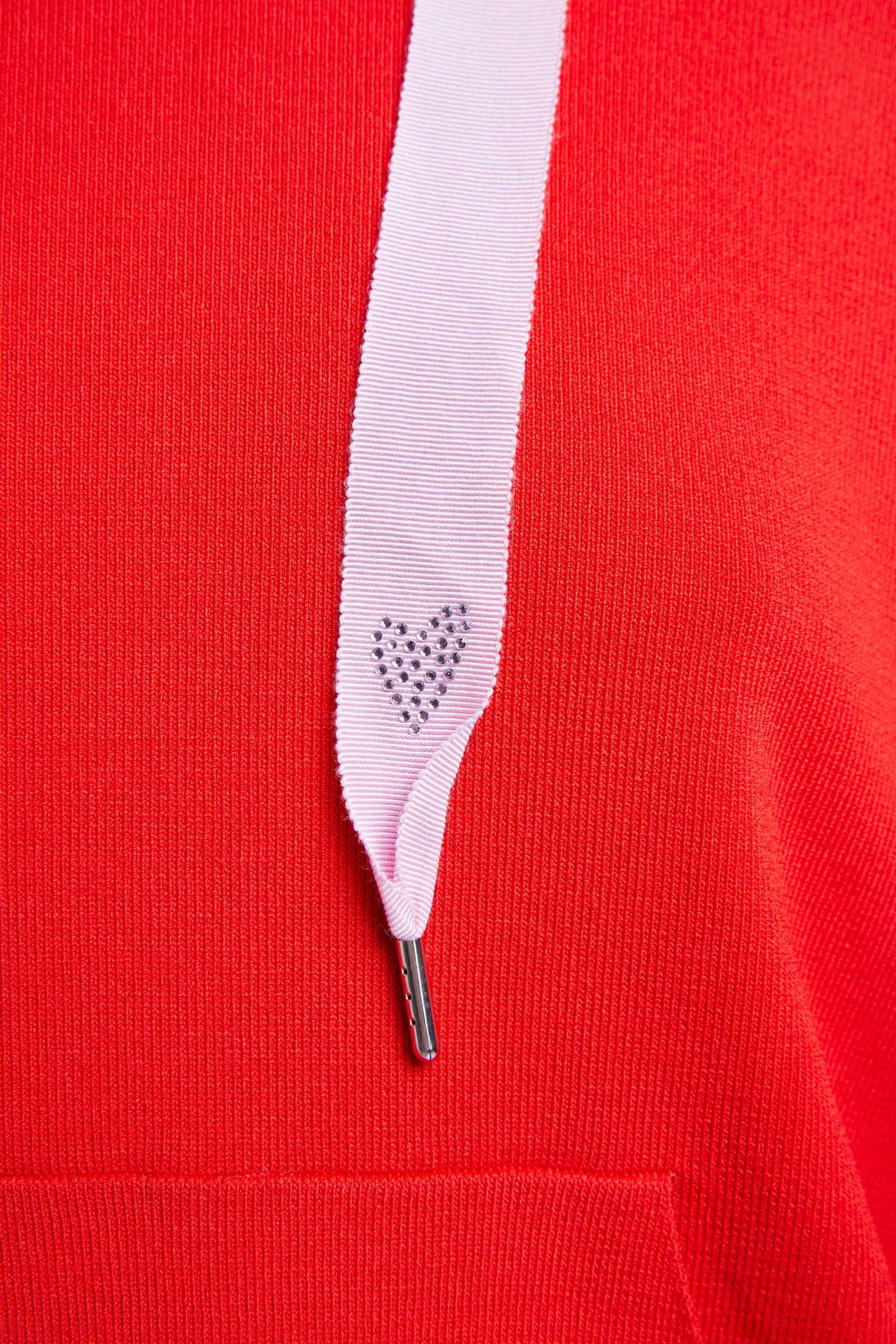 Red Knit Hooded Sweater with Pink Stripe and Ties