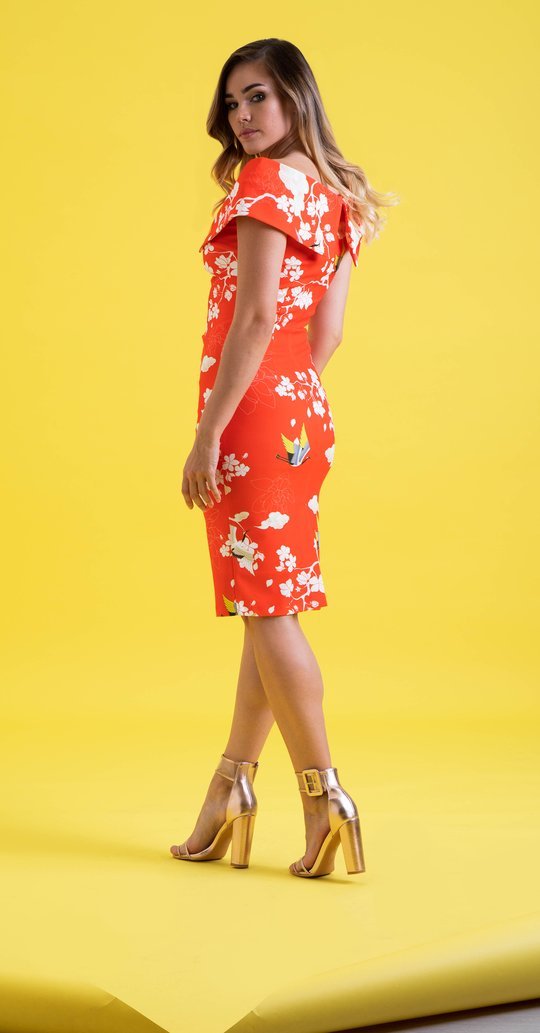Olympia Dress is Coral Printed Colour MELDRCOR