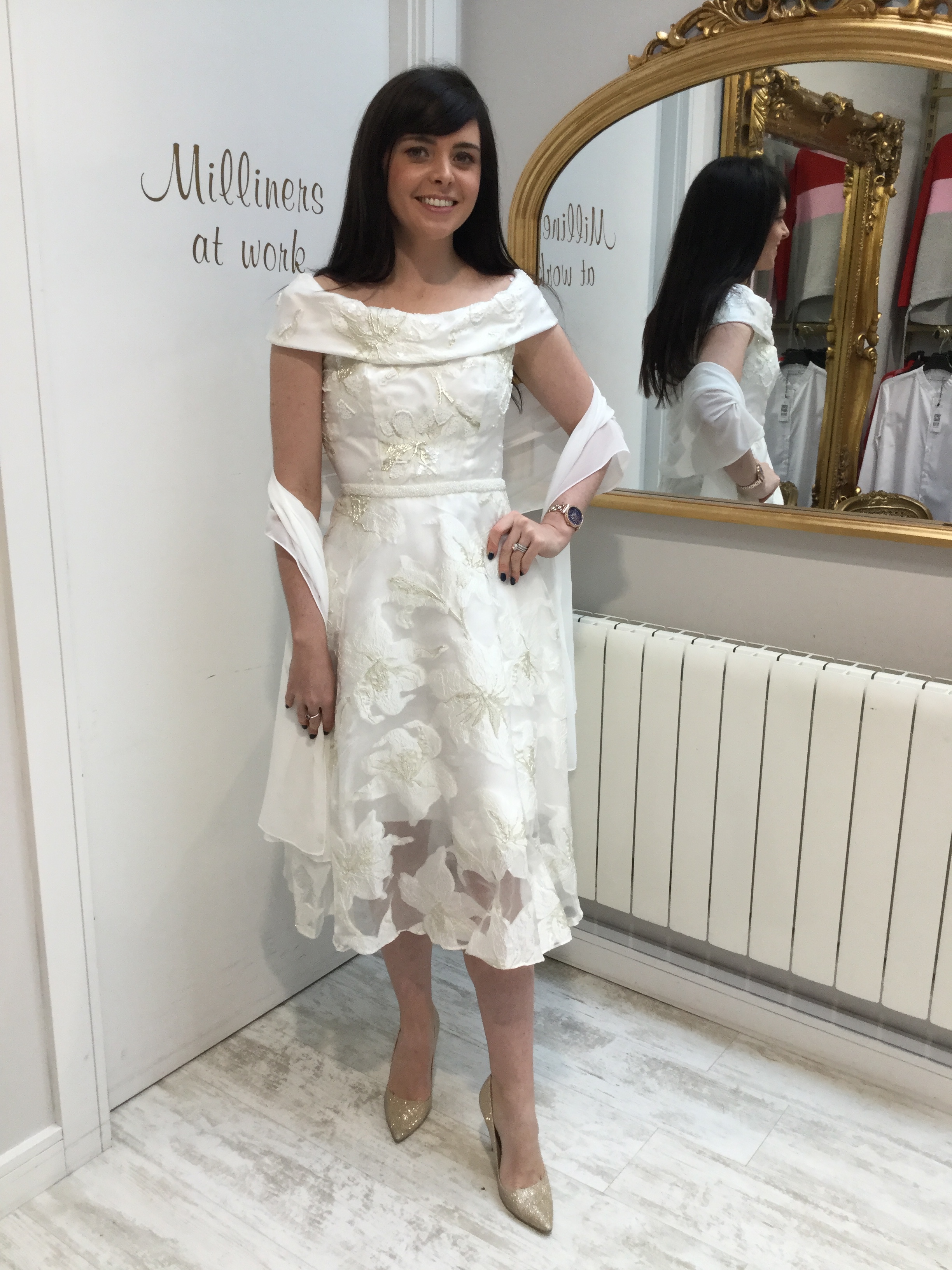 Roll Collar Dress in Stunning Ivory with Beaded waist and Silver Acents CAR95444