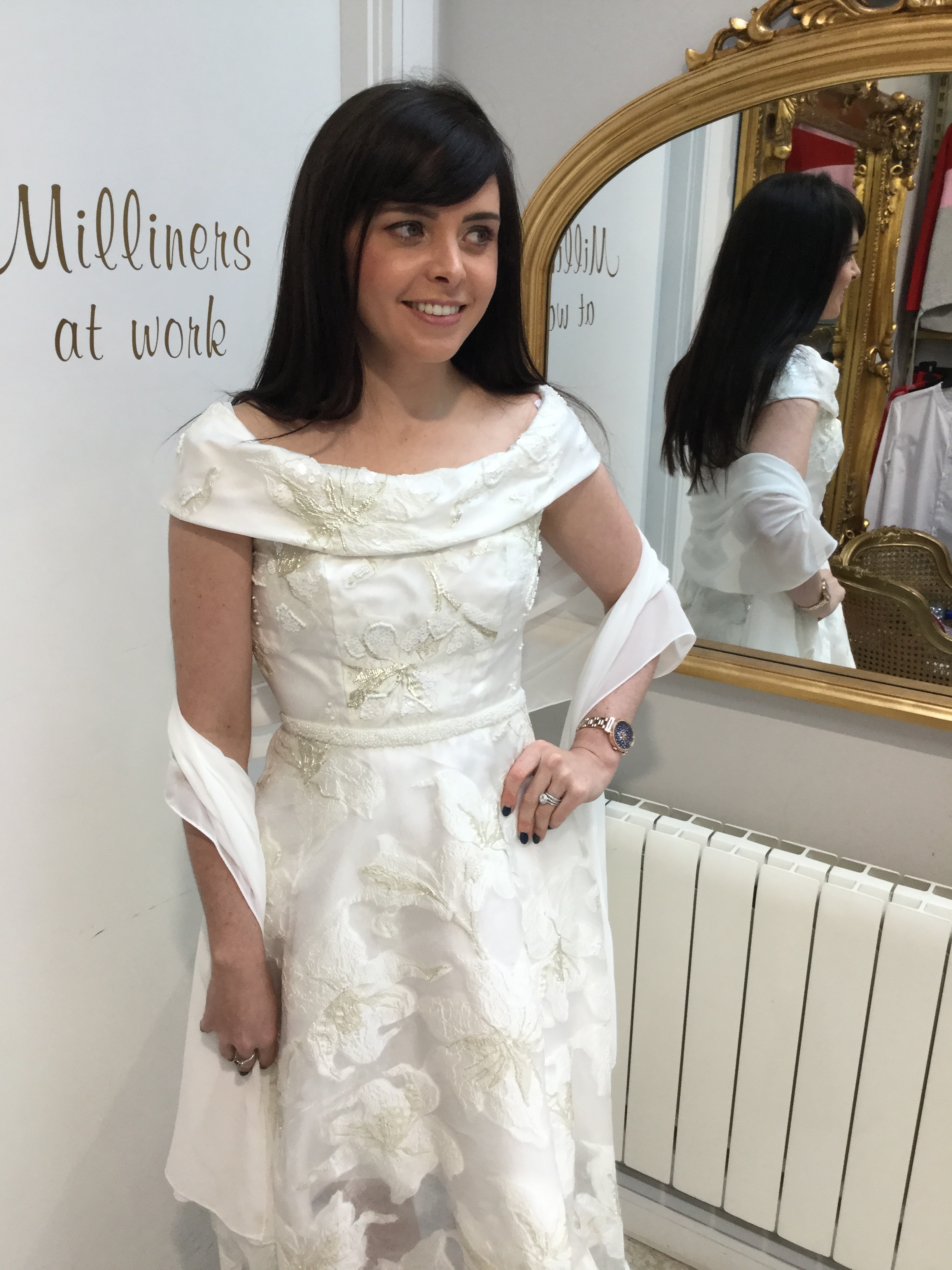 Roll Collar Dress in Stunning Ivory with Beaded waist and Silver Acents