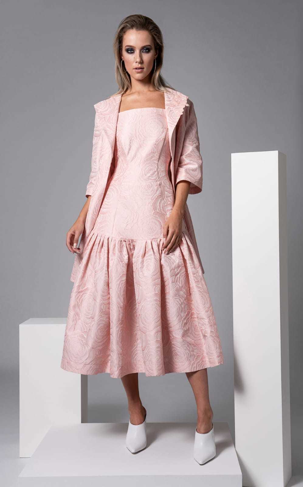 Harris Dress in Pale Pink Floral Embossed Fabric