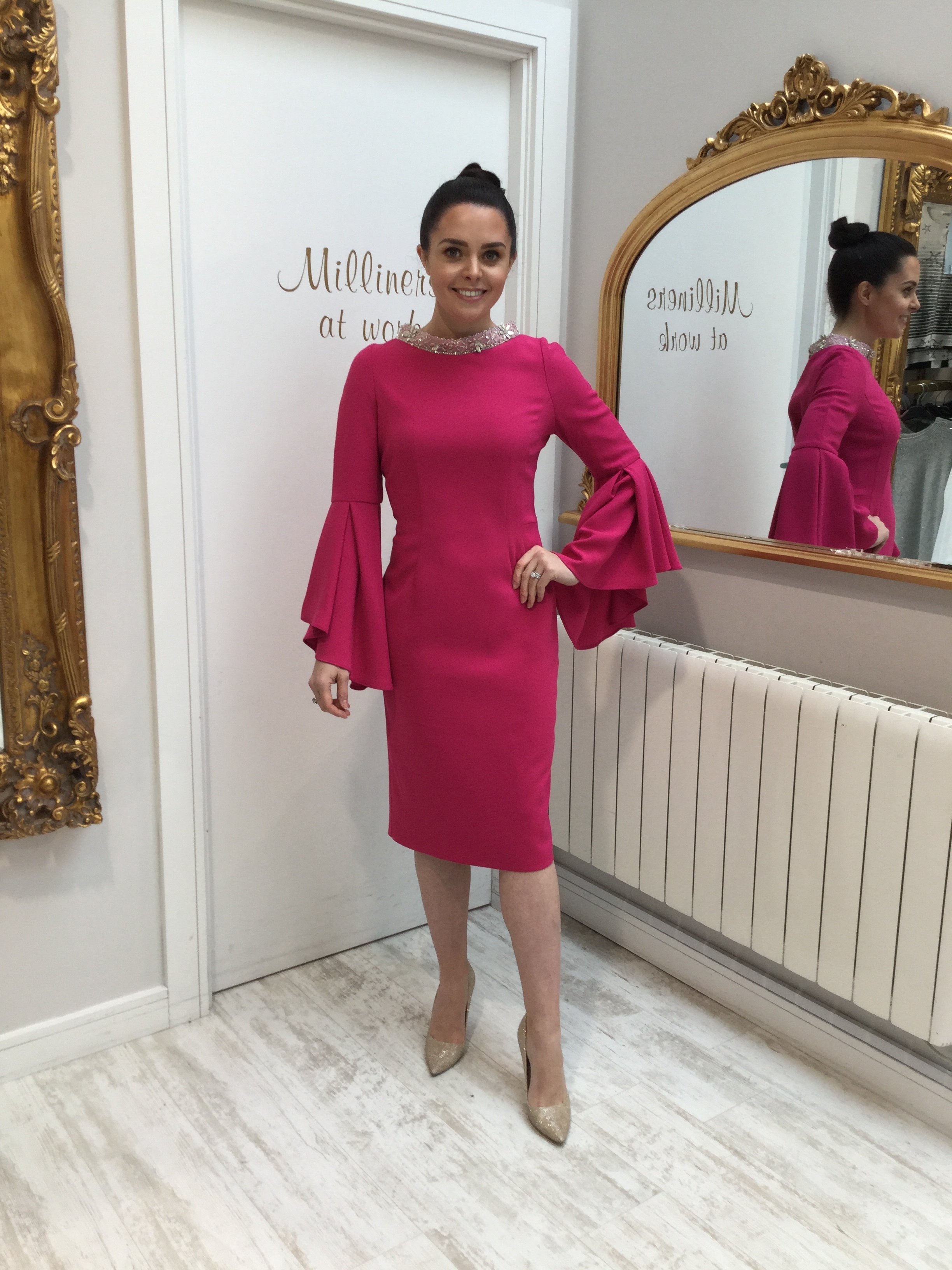 Pink Dress with Fluted Sleeves and Embellished Neckline CARPKDRSALE