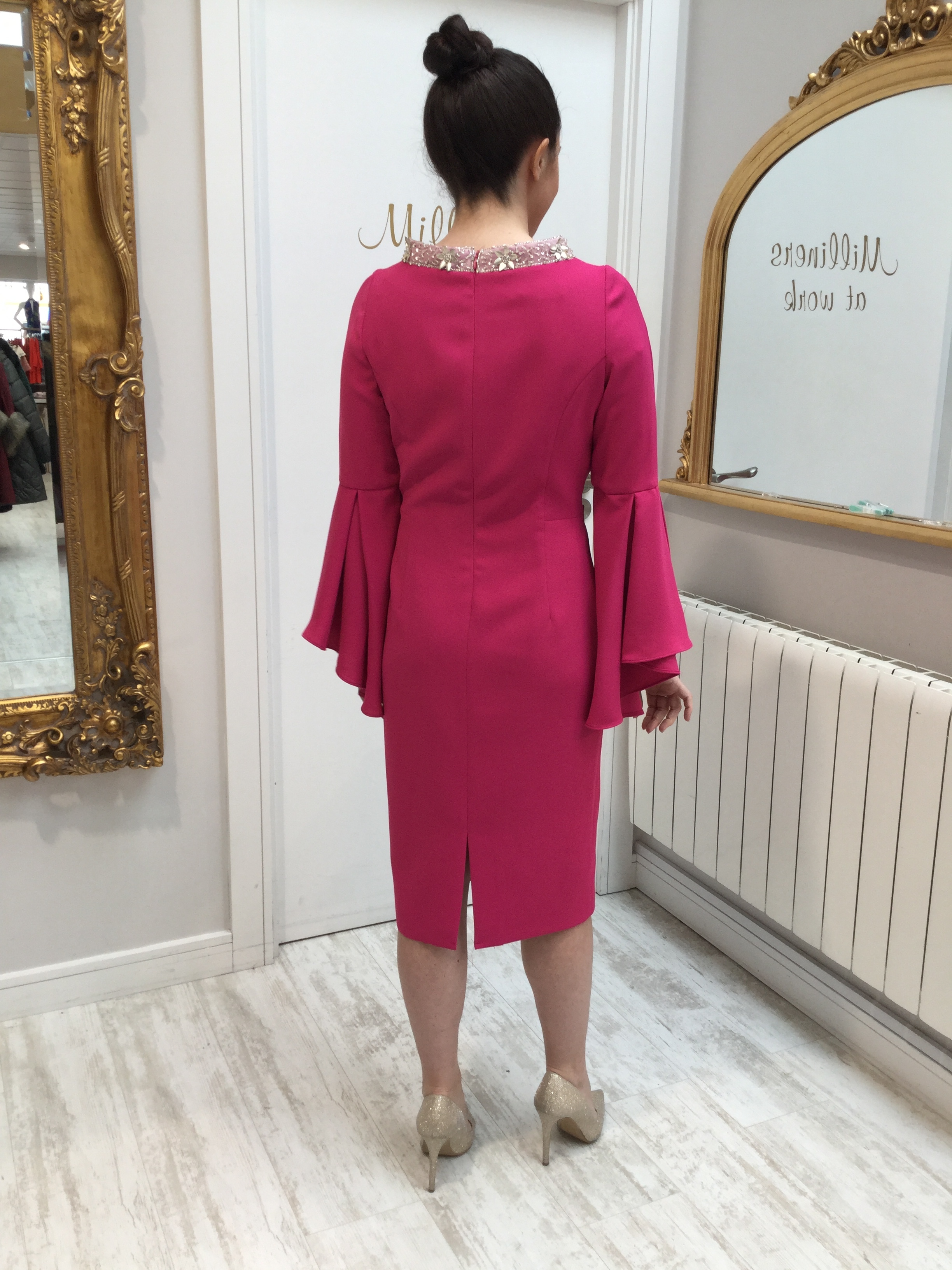 Pink Dress with Fluted Sleeves and Embellished Neckline