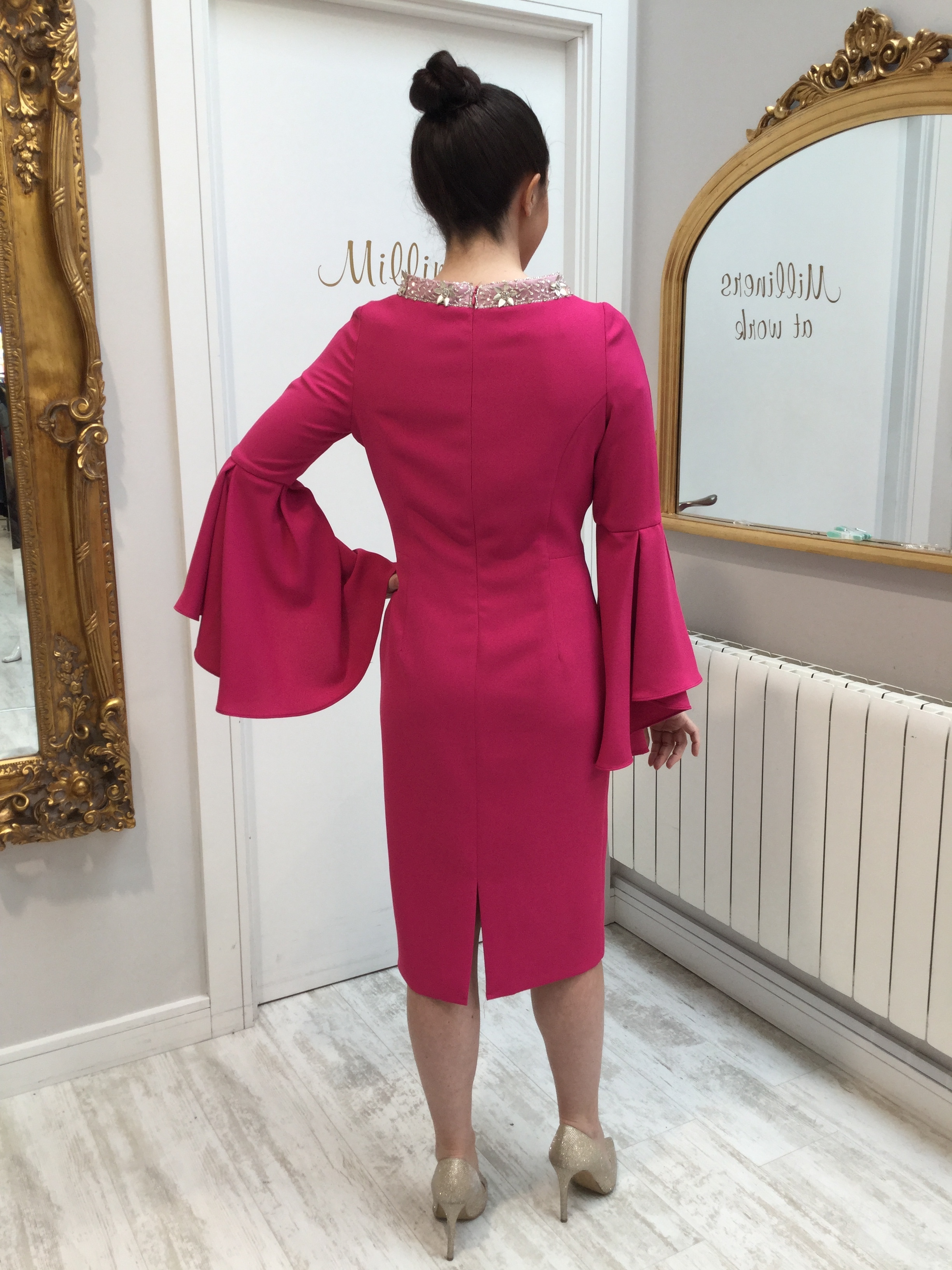 Pink Dress with Fluted Sleeves and Embellished Neckline