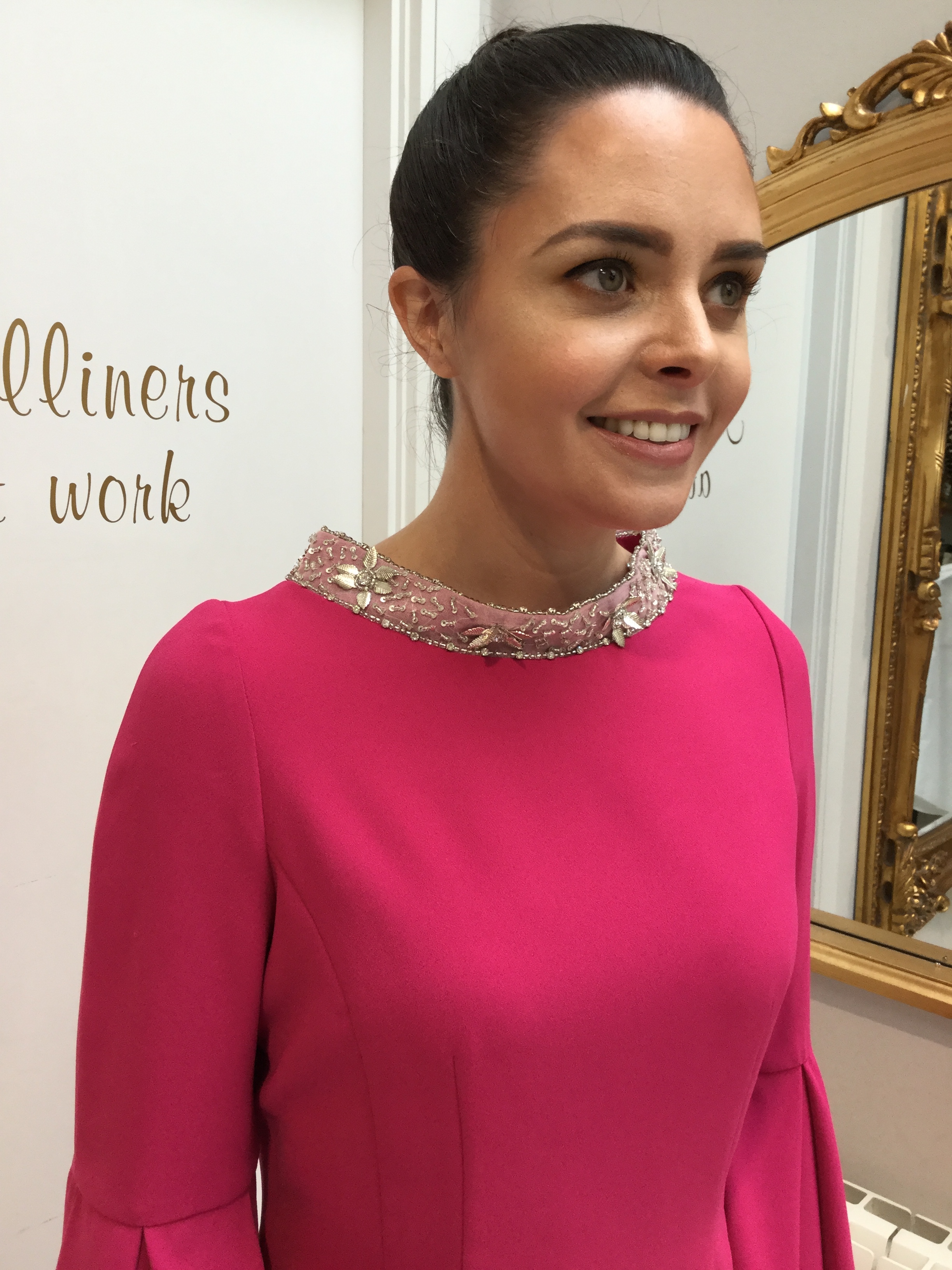 Pink Dress with Fluted Sleeves and Embellished Neckline