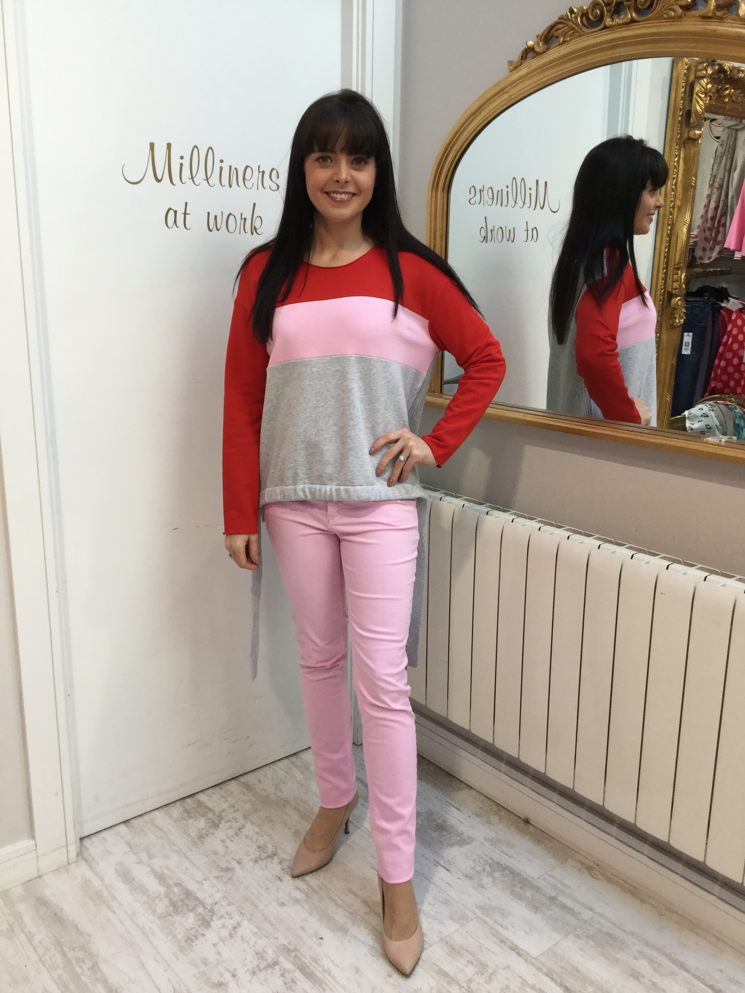 Colour Blocking Sweater with Red, Pink and Grey