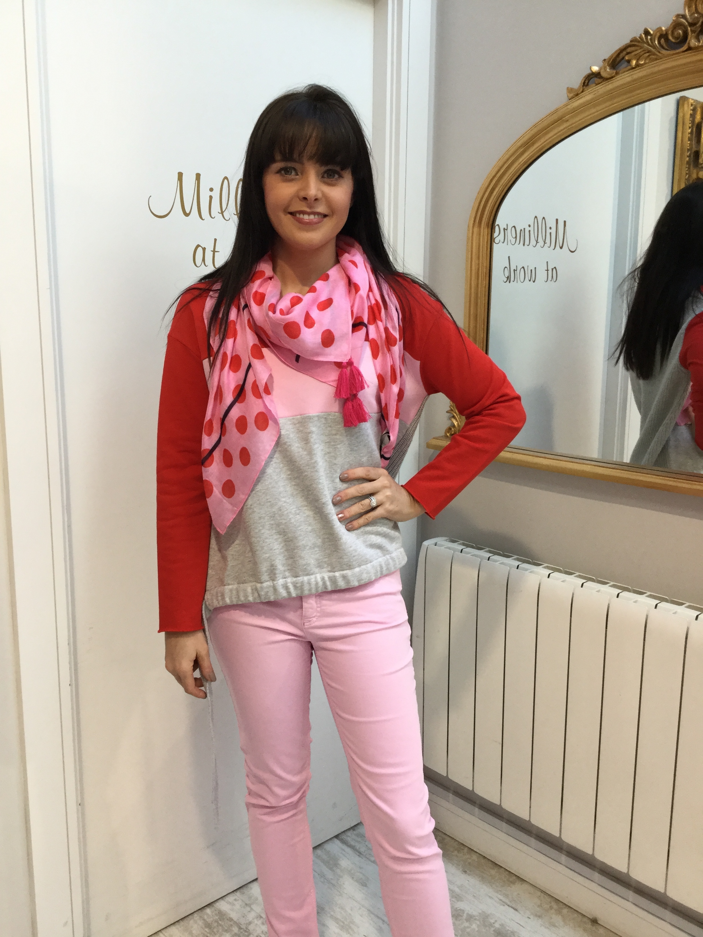 Colour Blocking Sweater with Red, Pink and Grey