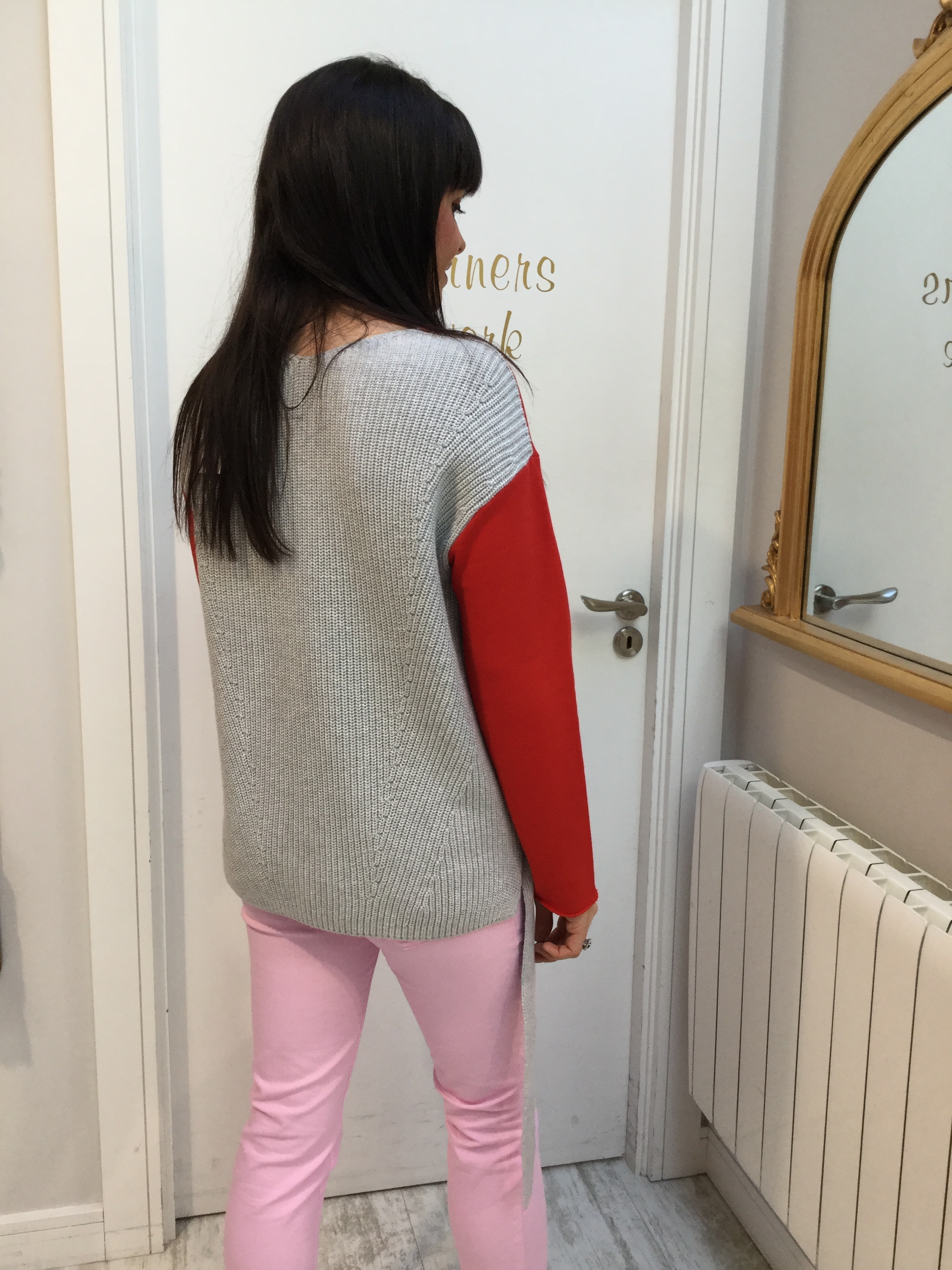 Colour Blocking Sweater with Red, Pink and Grey