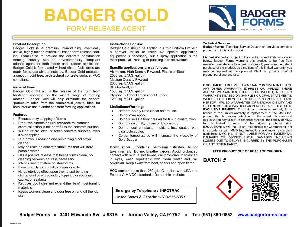 Badger Gold Form Release Agent - 55 Gallon Drum BFBGFRA55GAL