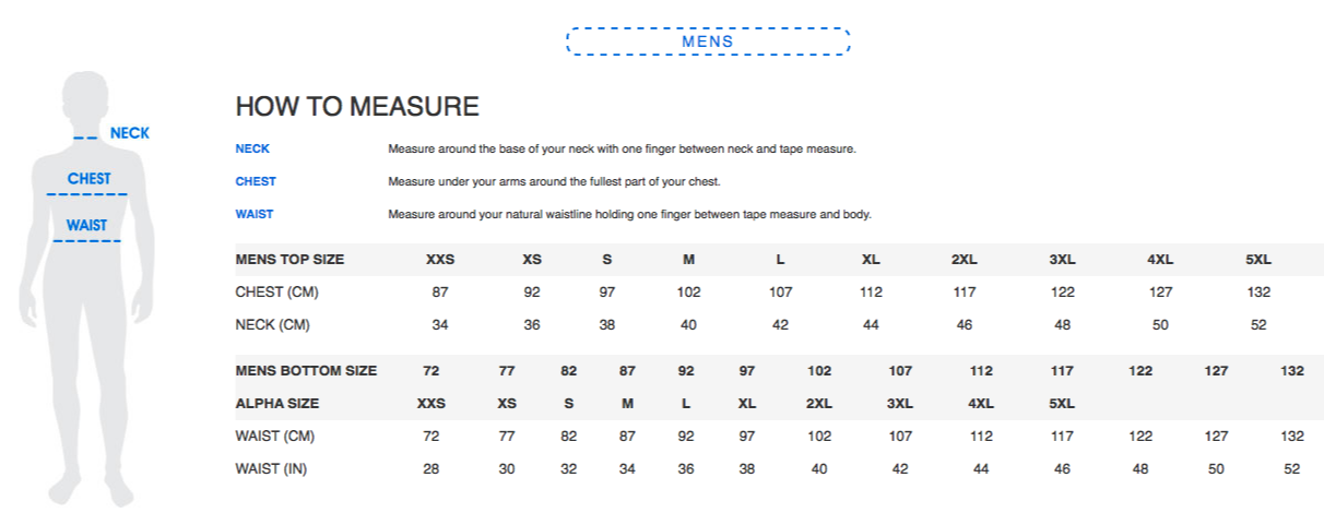 Mens sizing chart