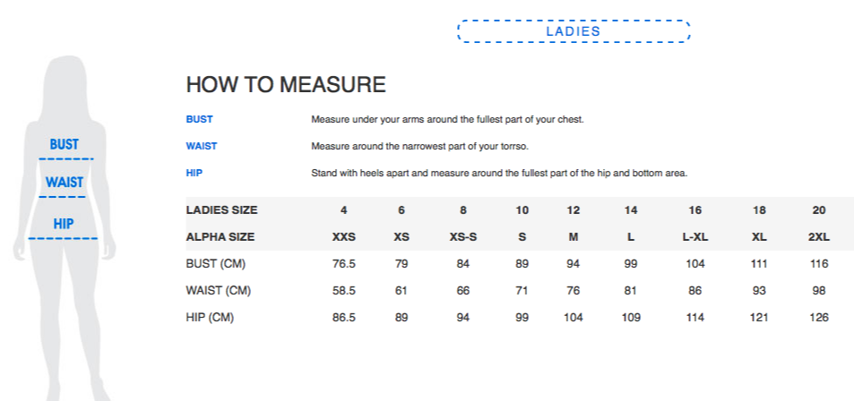 Women sizing chart
