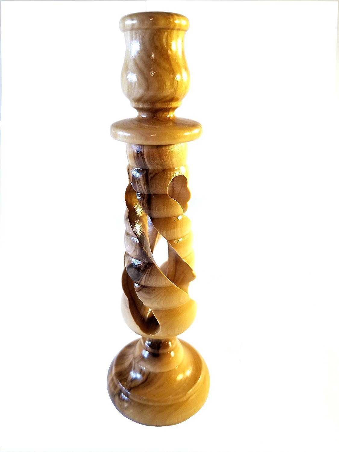 Handcrafted Spiral Olive Wood Candle Holder - Made in Bethlehem 00031