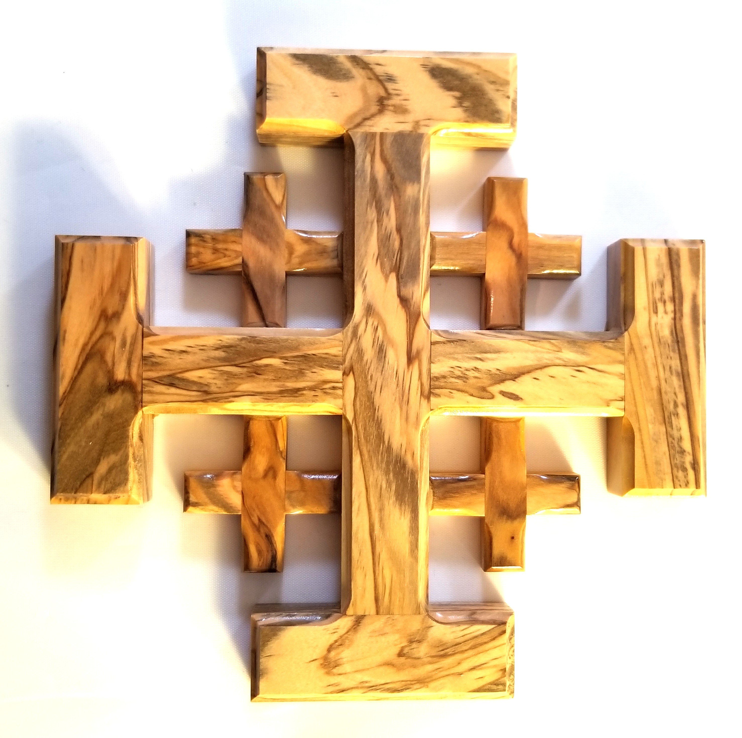 Handcrafted Olive Wood Jerusalem Cross from Bethlehem - Medium 00048
