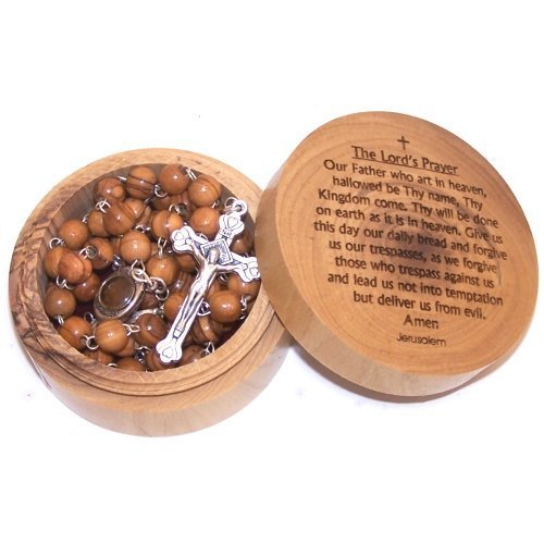 Olive Wood Lord's Prayer box with Rosary (7x3cm 0r 2.8 x 1.2 inches) 1002