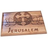 Magnet Olive wood plaque with Doves, Cross and Jerusalem 6x4cm 00082