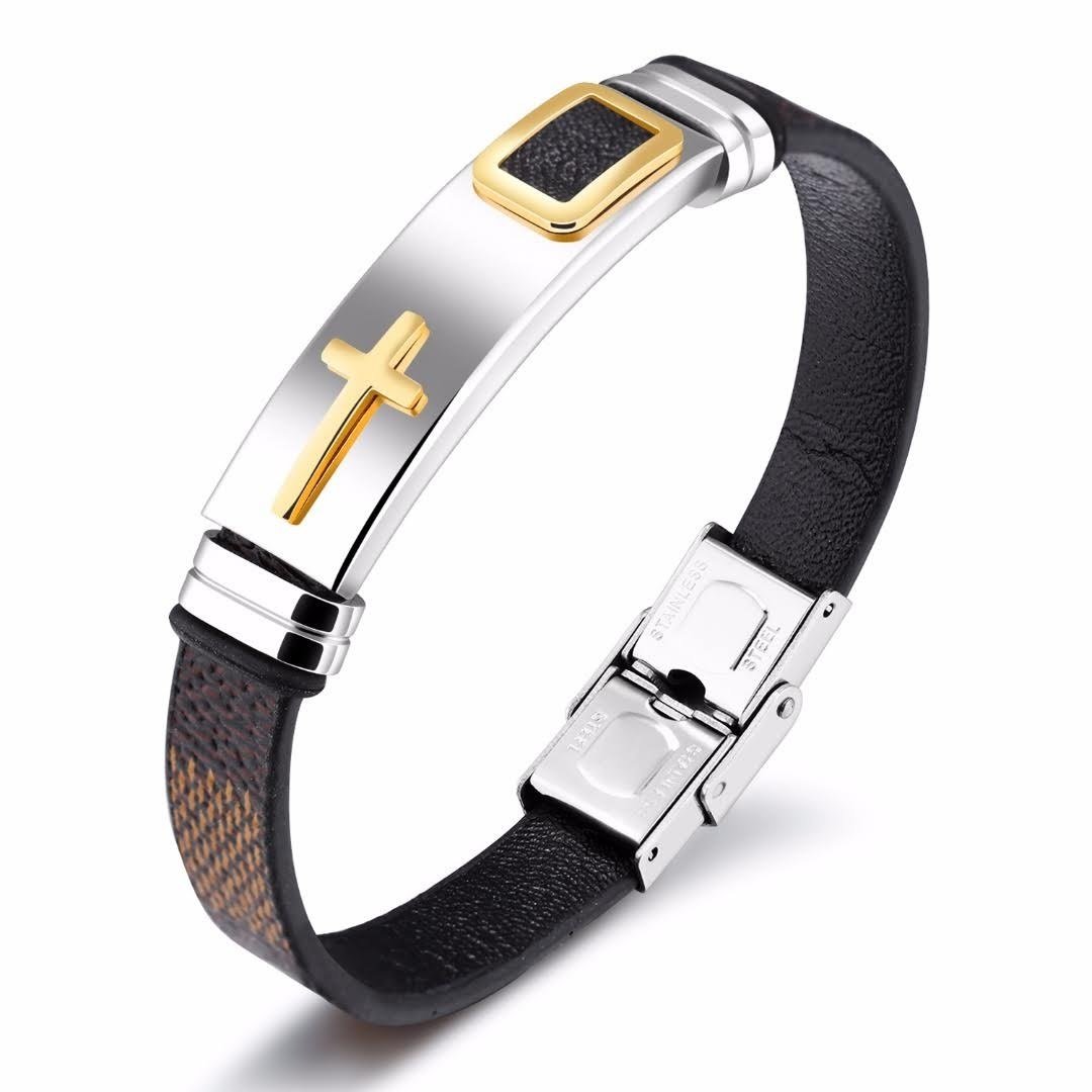 Cross Leather Mens Stainless Steel Cuff Bangle Wrist Band 185mm (Tan) 00084