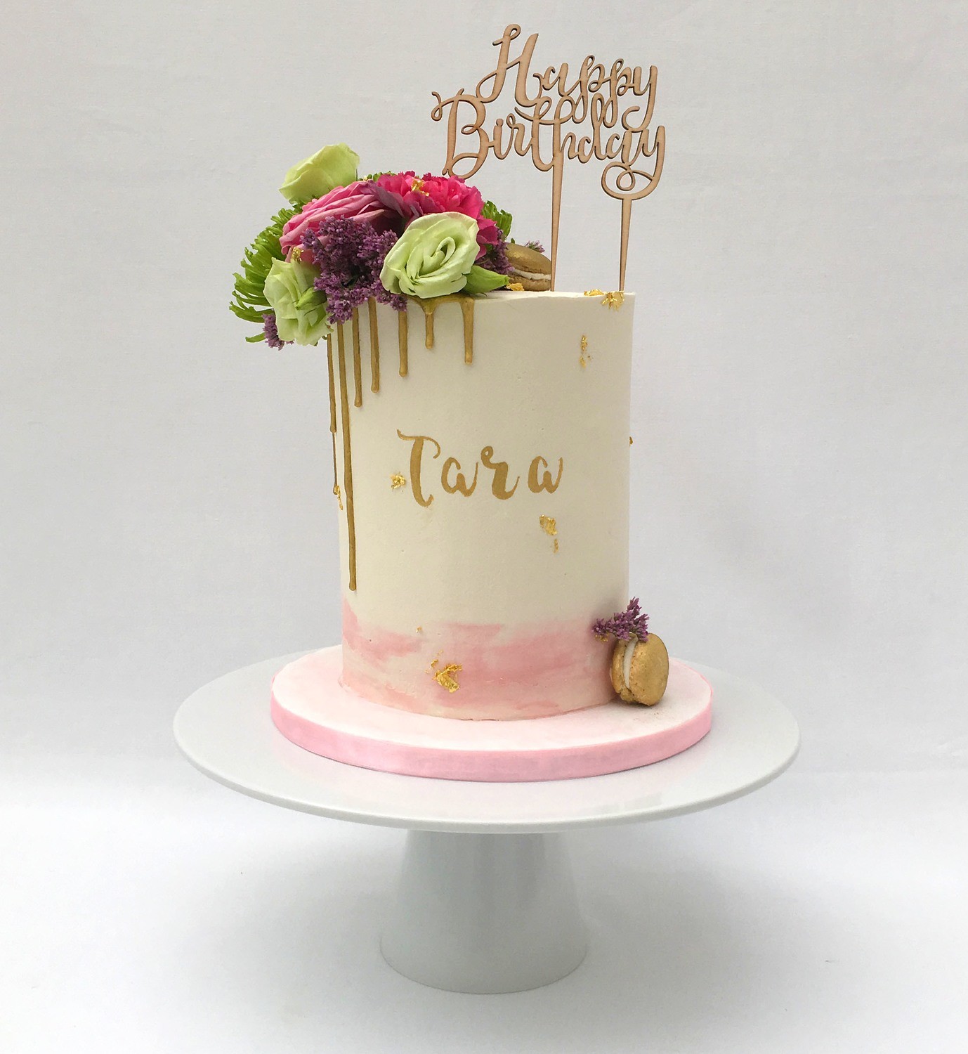 White Butter Cream With Gold Chocolate Drip Fresh Pink Flowers