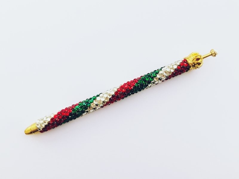 ボールペン キラキラペンULKA 3色ストライプ太 シルバー・レッド・グリーンラインストーン 替え芯1本付き ekmattra-3sthick-silver-red-green