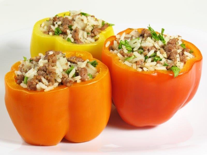 Pepper Stuffed with Ground Beef, Herbs, Rice, Cheese & Spices. Chickpea Salad 008