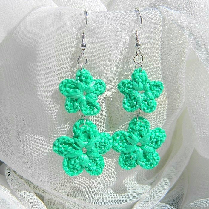 Mint Green Double Crochet Flower Upcycled Bag Earrings 6-456-Green-Double