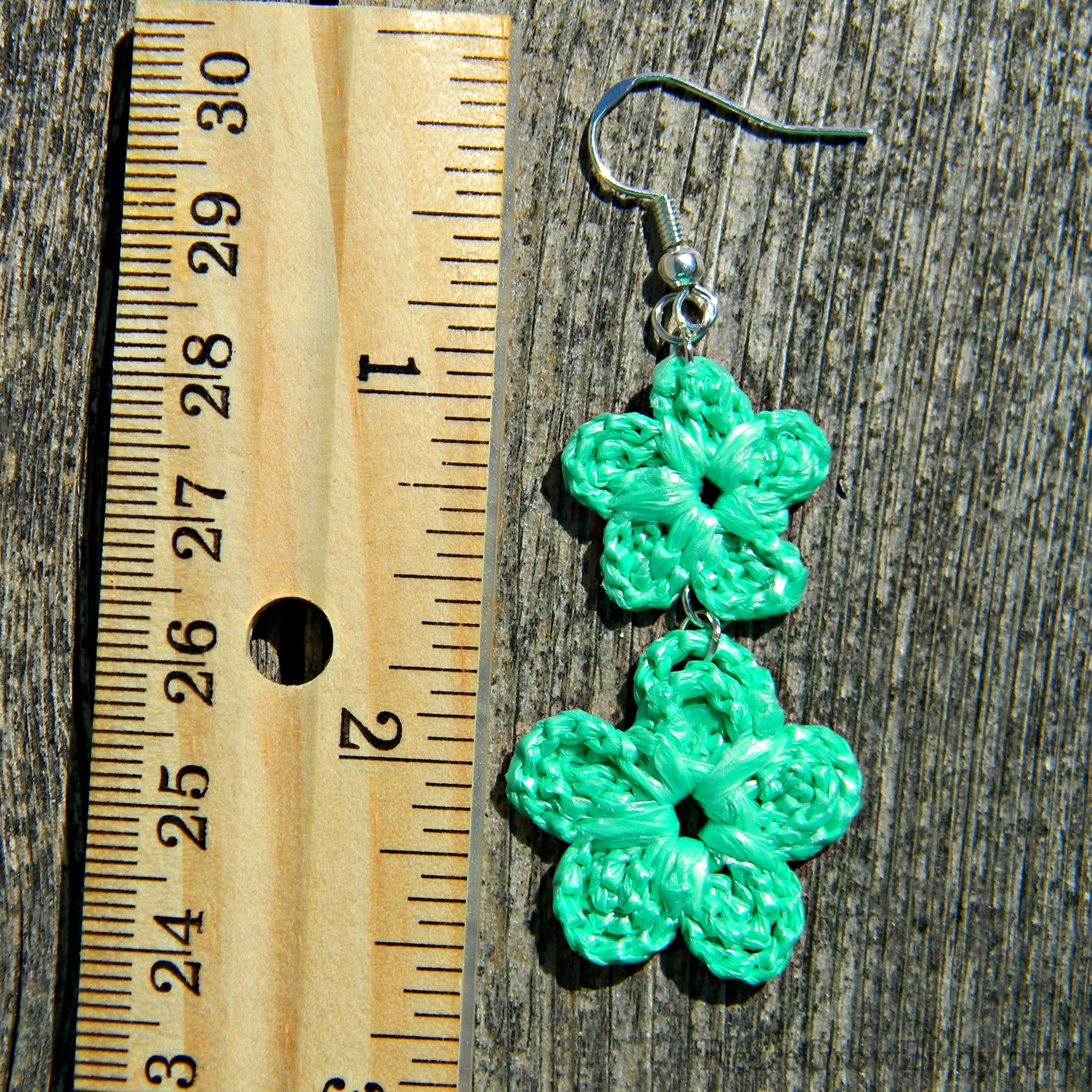 Mint Green Double Crochet Flower Upcycled Bag Earrings