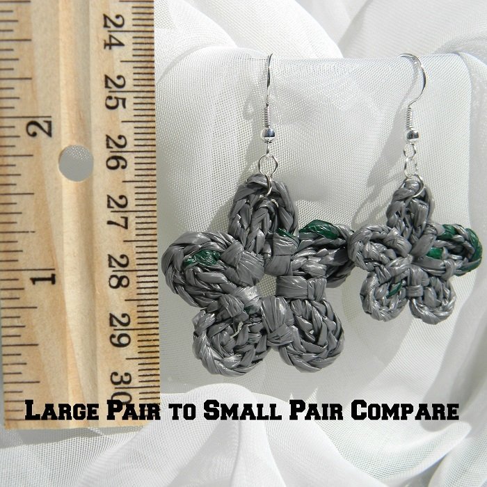 Large Gray With Dark Green Flecks Crochet Flower Upcycled Bag Earrings