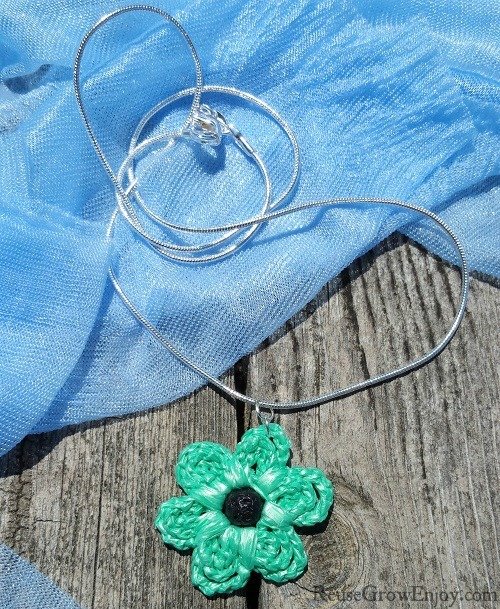 Essential Oil Diffuser Mint Green Crochet Flower Upcycled Bag Necklace With Black Lava Bead In Center 00000