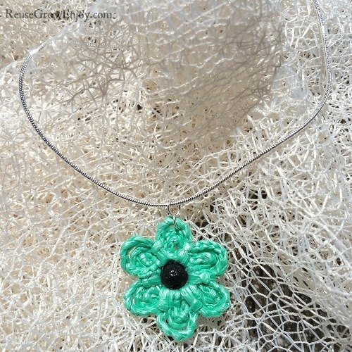 Essential Oil Diffuser Mint Green Crochet Flower Upcycled Bag Necklace With Black Lava Bead In Center