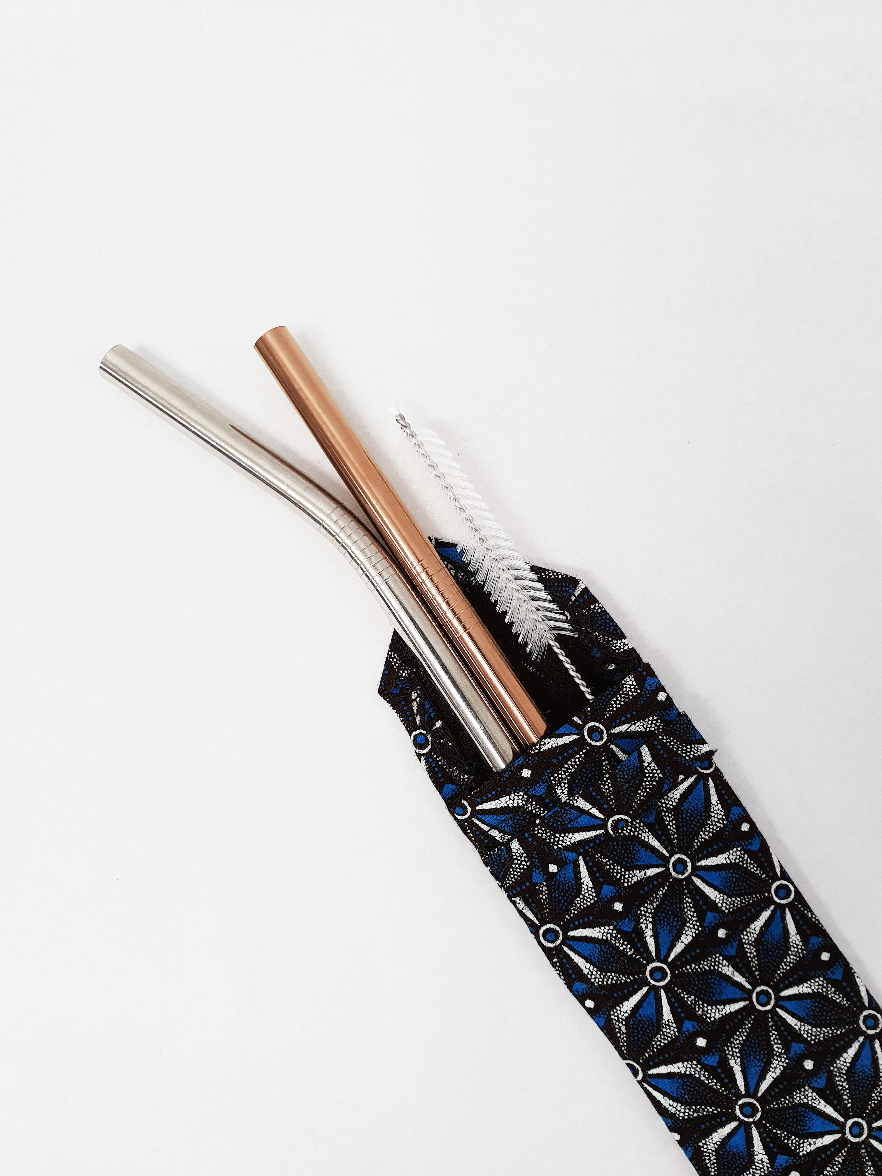 Shweshwe Straw Pouch Blue+Brown+White SBS1