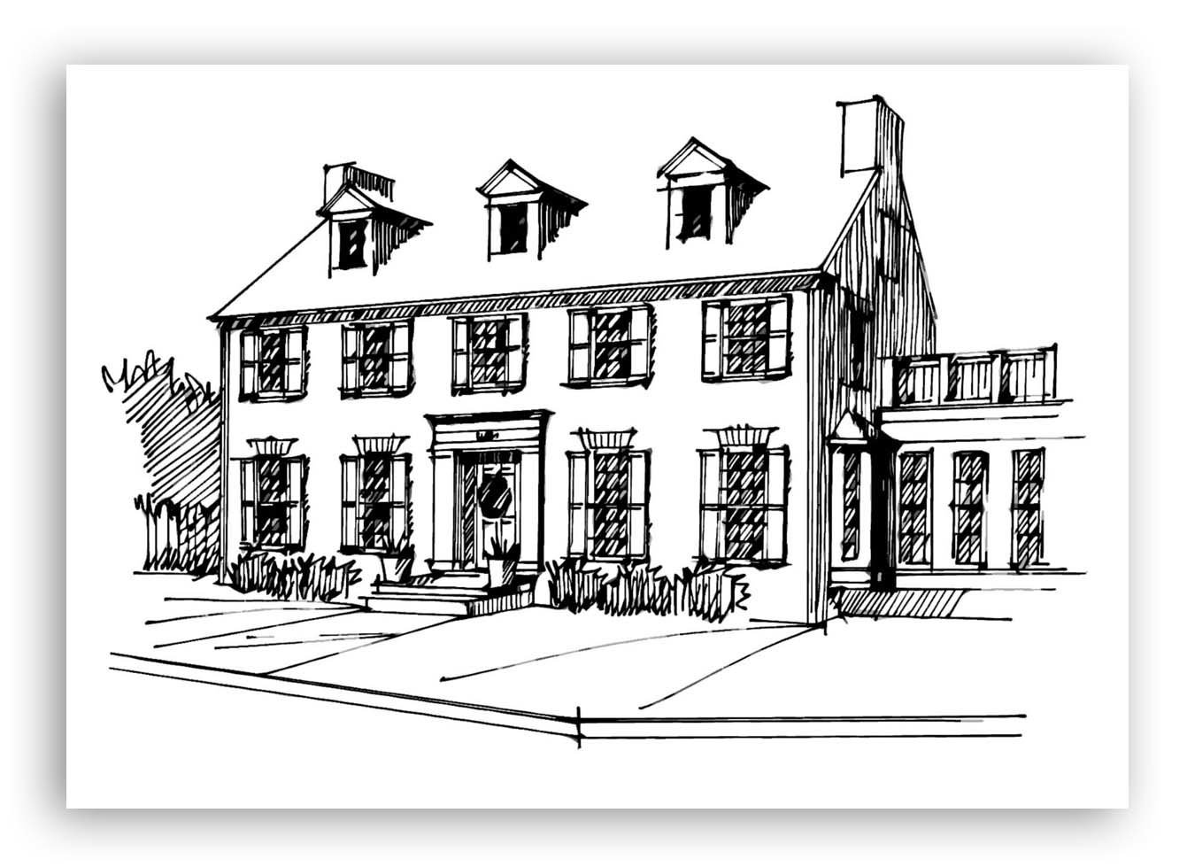 Hand-Drawn Black and White Architectural Home Sketch 00001