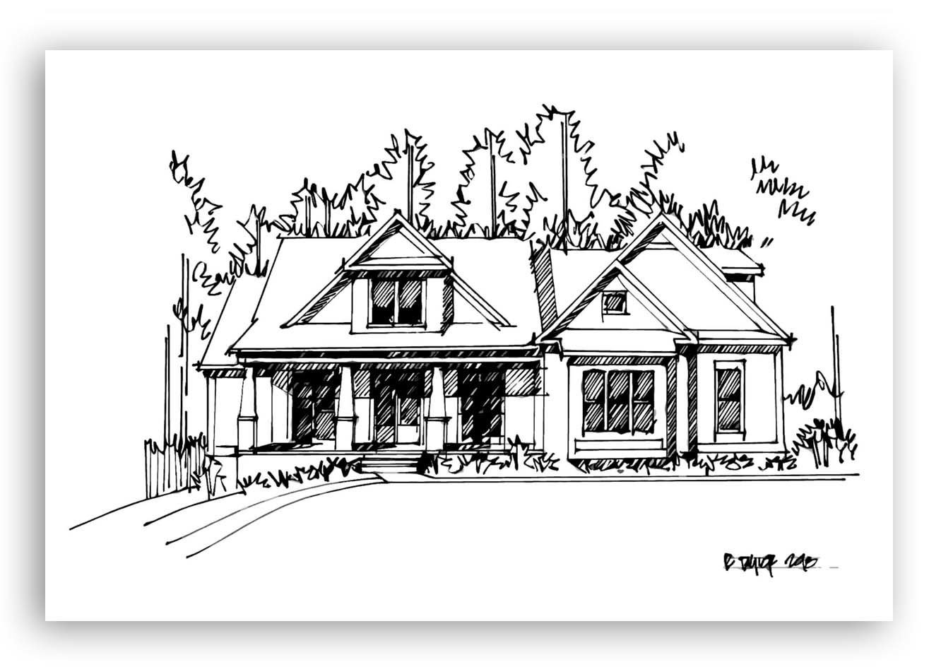 Hand-Drawn Black and White Architectural Home Sketch