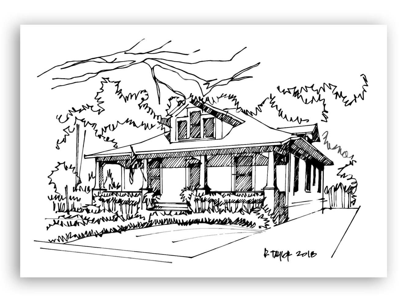Hand-Drawn Black and White Architectural Home Sketch