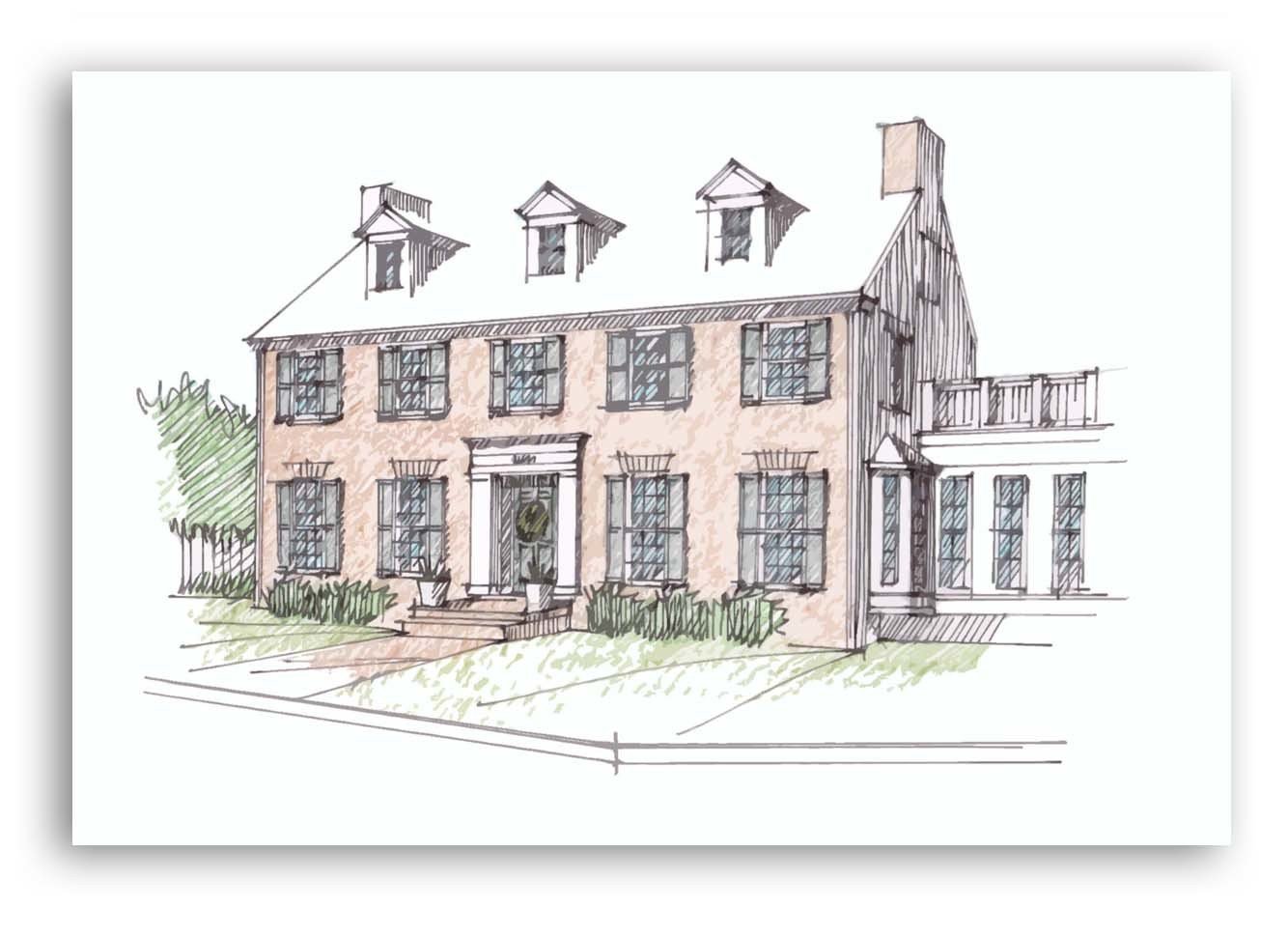 Hand-Drawn Color Architectural Home Sketch Hand-Drawn Color Architectural Home Sketch