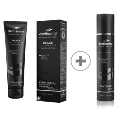 BLACK komplet za ustno higieno ZOBNA PASTA 75ml in USTNA VODICA 250ml BLACK komplet za ustno higieno ZOBNA PASTA 75ml in USTNA VODICA 250ml