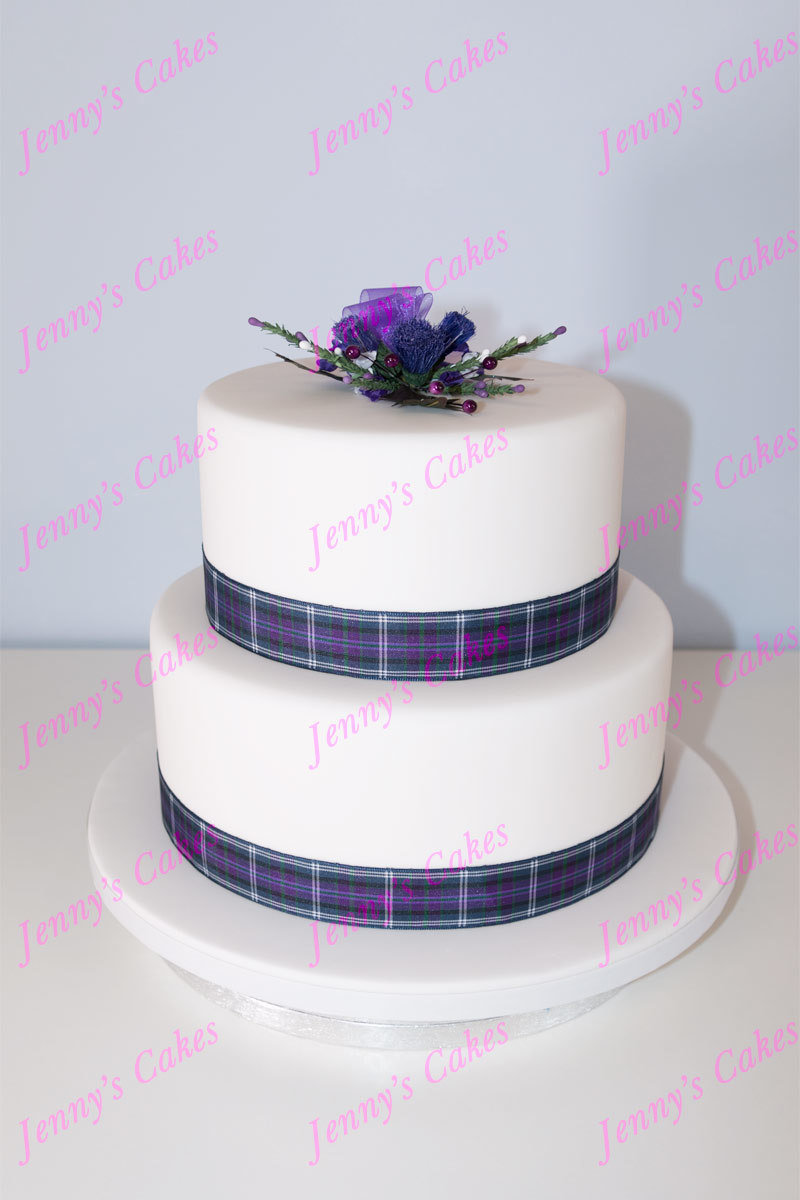 gretna two-tier cake with Tartan Ribbons and Thistles jc-G18-2RA