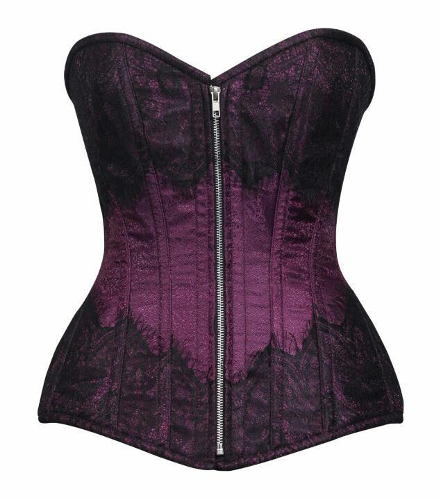 Plus Size Strapless Plum Purple Brocade Corset with Black Eyelash Lace Plus Size Strapless Plum Purple Brocade Corset with Black Eyelash Lace