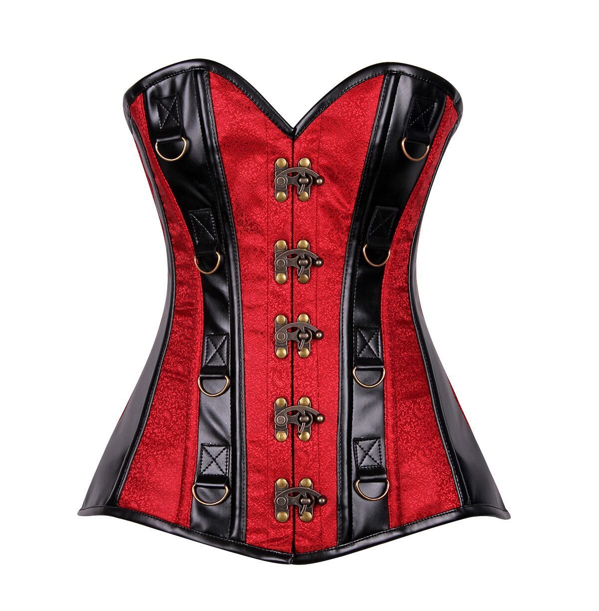 Black Faux Leather Red Brocade Striped Steel Boned Corset Black Faux Leather Red Brocade Striped Steel Boned Corset