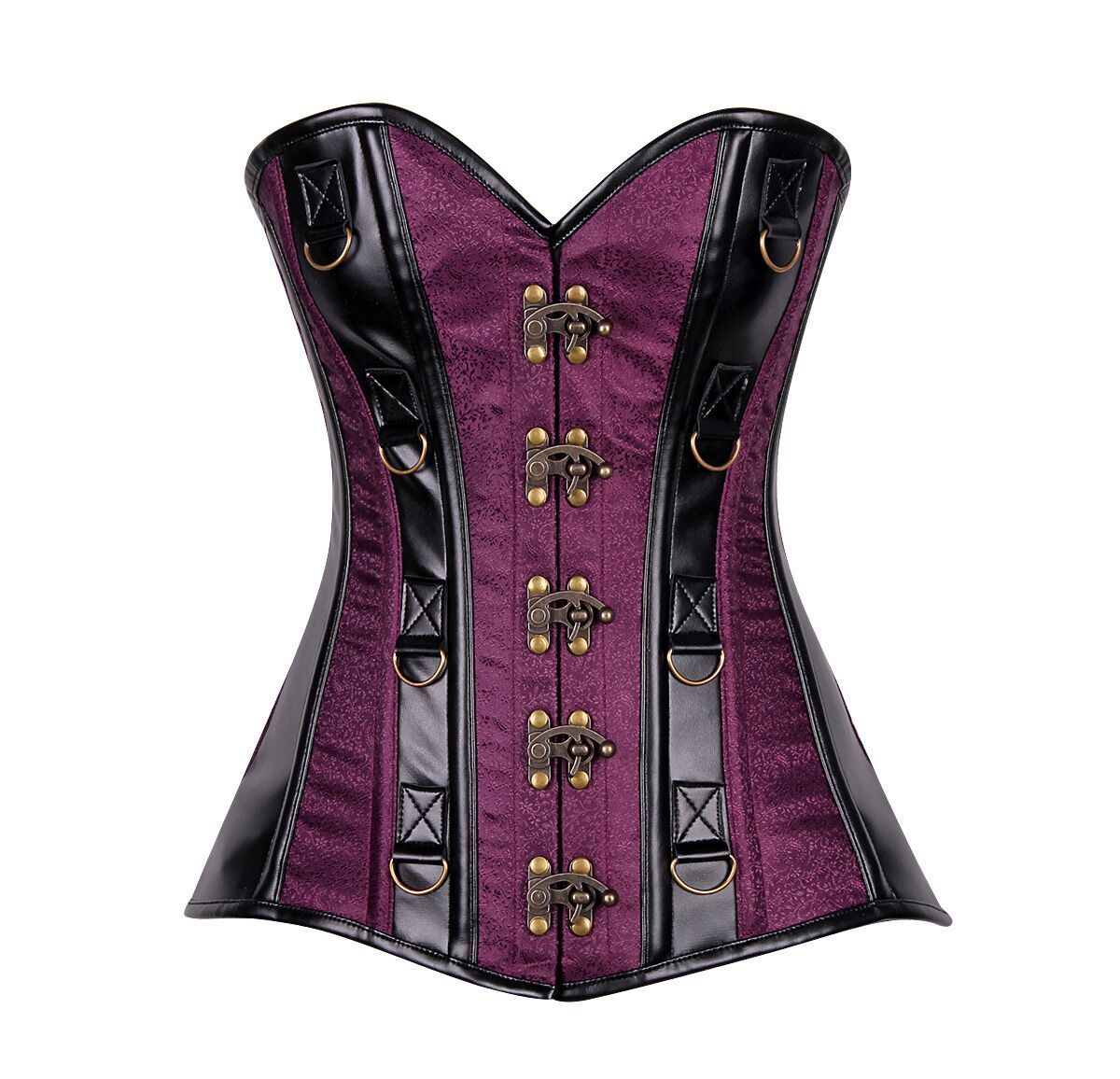 Black Faux Leather Plum Brocade Striped Steel Boned Corset Black Faux Leather Plum Brocade Striped Steel Boned Corset