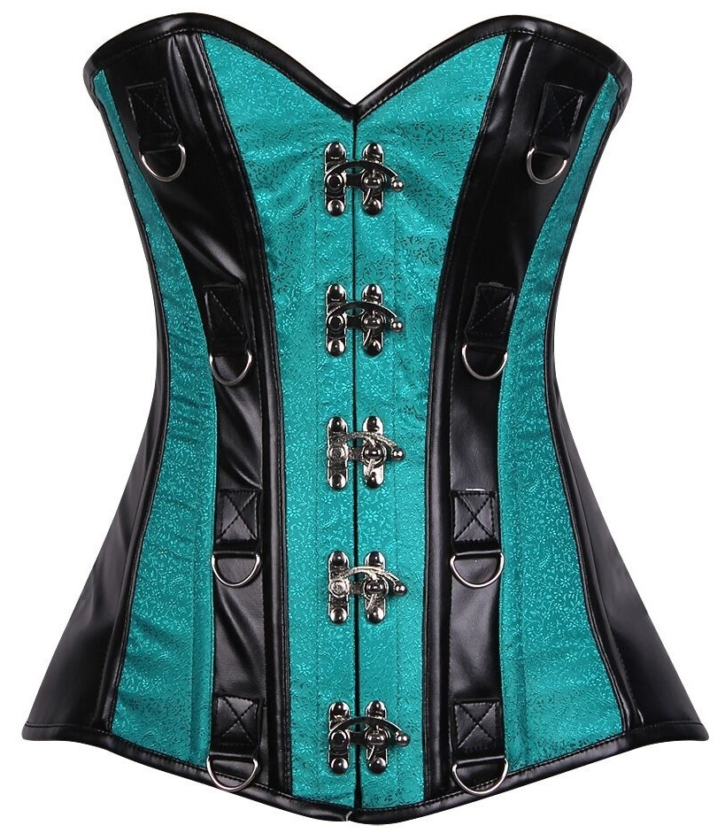 Black Faux Leather Teal Brocade Striped Steel Boned Corset Black Faux Leather Teal Brocade Striped Steel Boned Corset