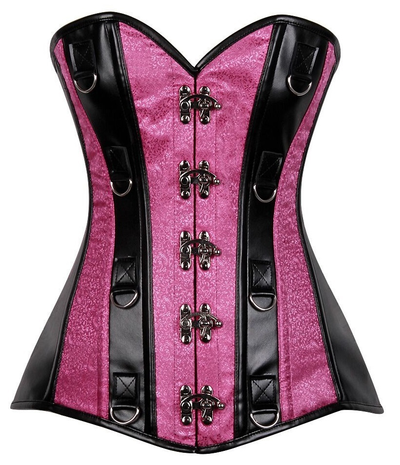 Plus size Black Faux Leather Pink Brocade Striped Steel Boned Corset DC-TD-345x