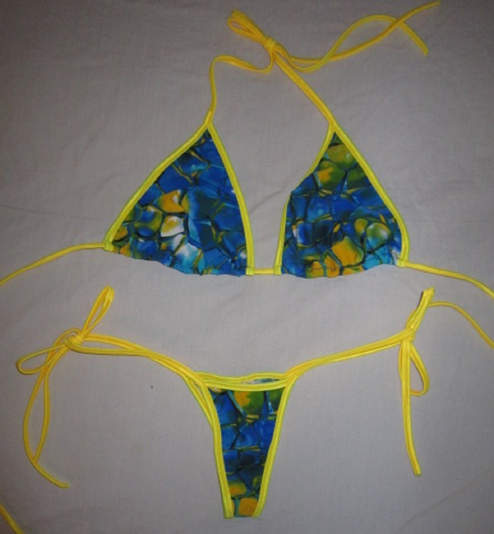 Plus size Tie Side Thong Bikini w Larger Cut Tri Top Blue Tortoise Yellow