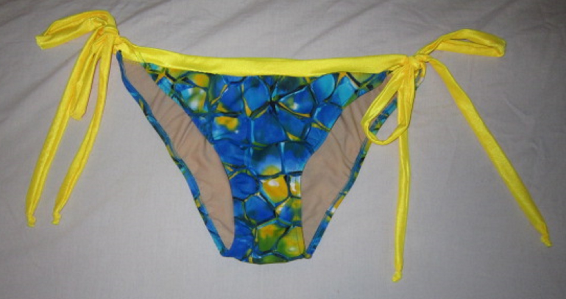 Plus size American cut Bikini Bottom w Ties Blue Tortoise Yellow