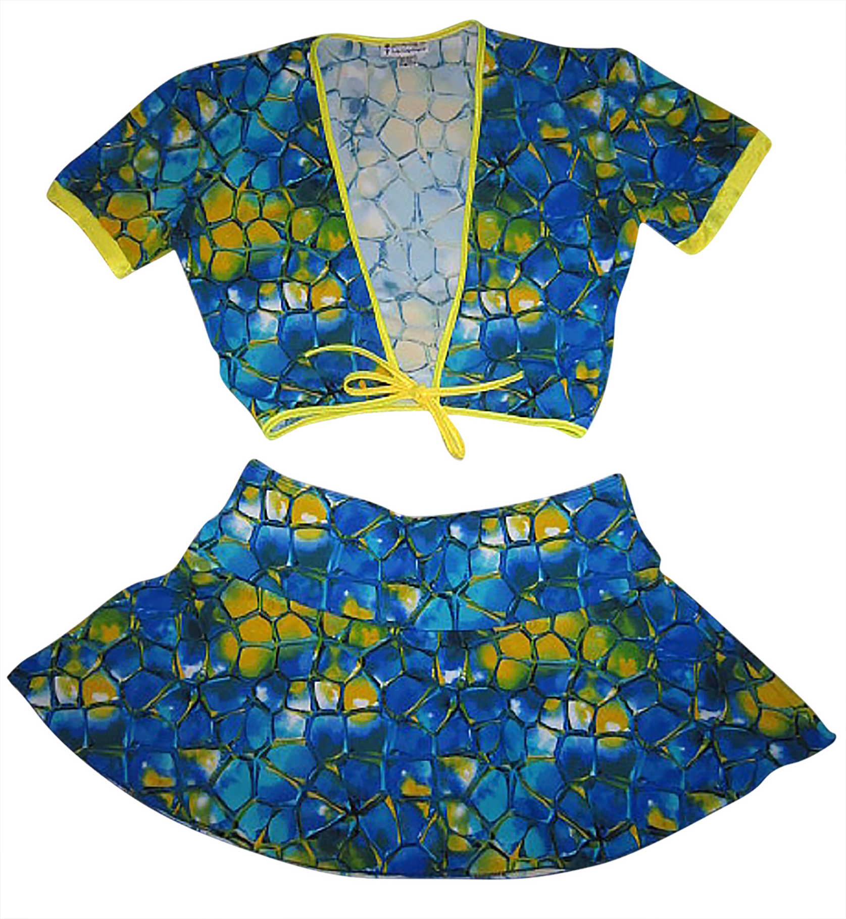 Plus size Micro Mini skirt w tie front Crop Top Blue Tortoise Yellow LS-15005PLx+HookieSKX-Blue-tortoise-yellow