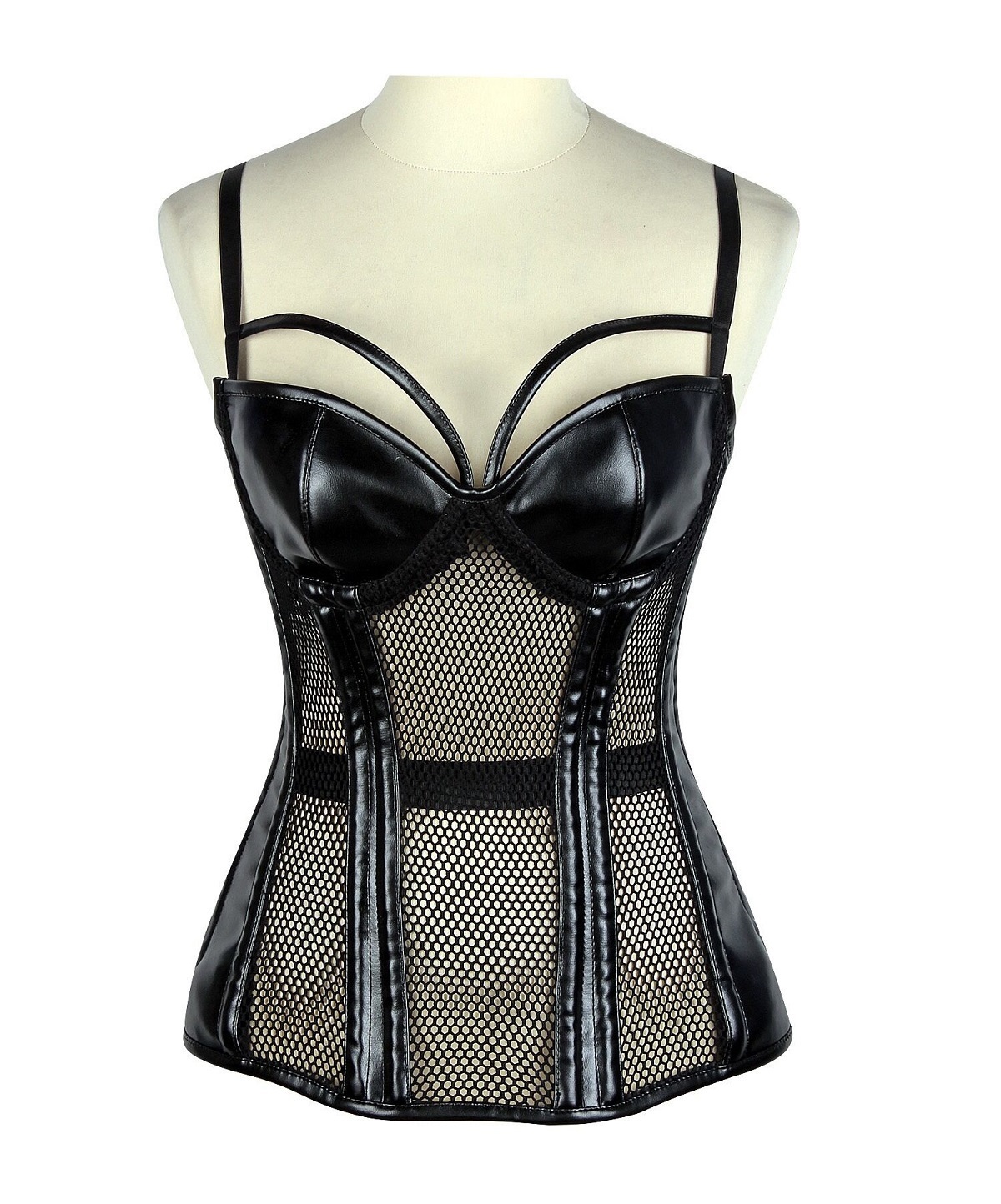 Plus size Fetish Fishnet Faux Black Leather Bustier Corset Plus size Fetish Fishnet Faux Black Leather Bustier Corset