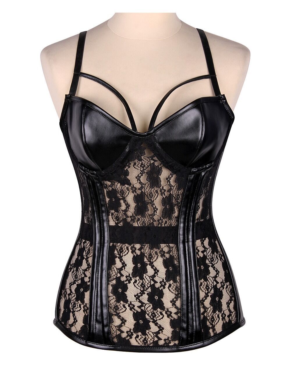 Plus size Faux Black Leather and Lace Bustier Corset Plus size Faux Black Leather and Lace Bustier Corset