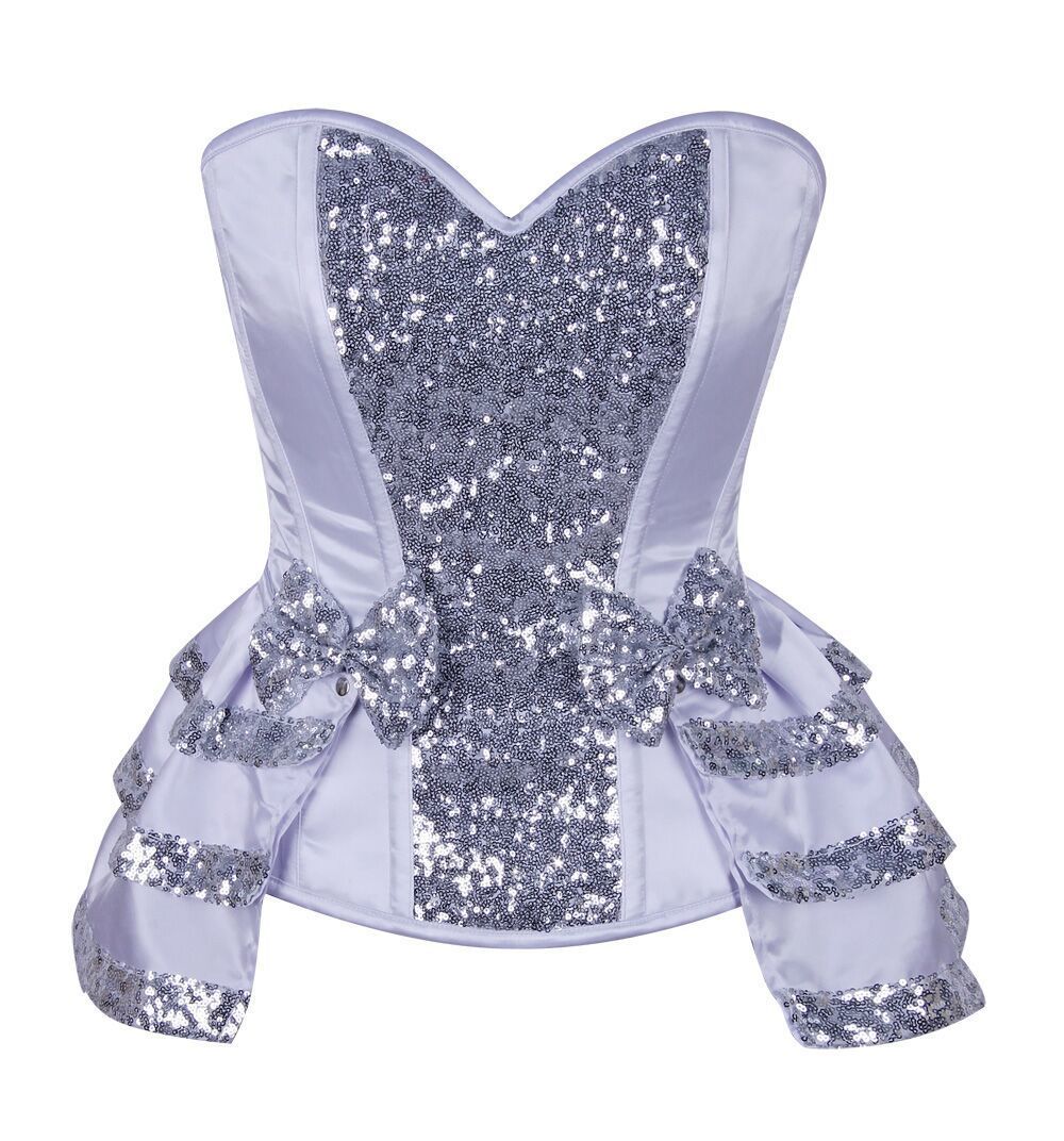 Plus Size High Class White Satin Corset w Silver Sequins & attached Skirt Plus Size High Class White Satin Corset w Silver Sequins & attached Skirt