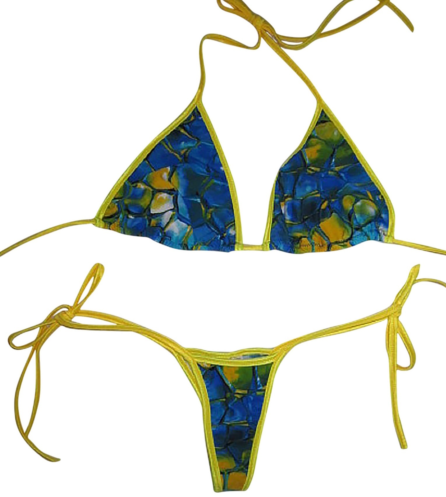 Plus size Tie Side Thong Bikini w Larger Cut Tri Top Blue Tortoise Yellow LS-102PL-4021PL(TS)-blue-tortoise-yellow