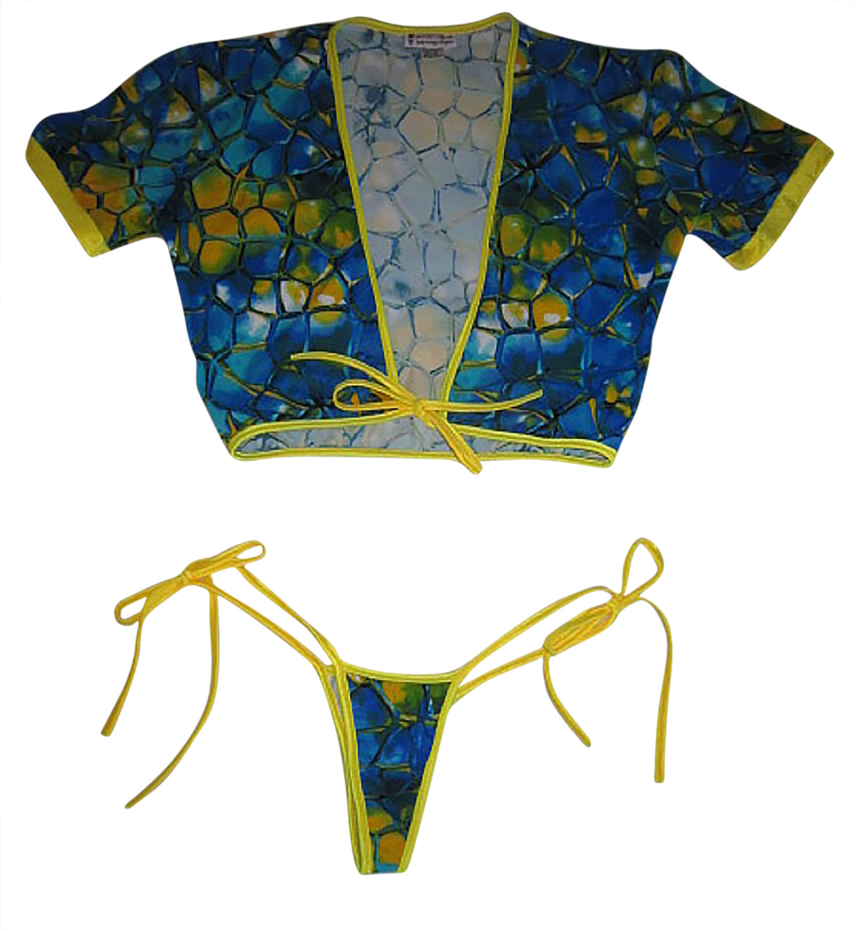Plus size tie front Crop Top w Tie Thong Blue Tortoise Yellow LS-4021PLTSX+15005PLX
